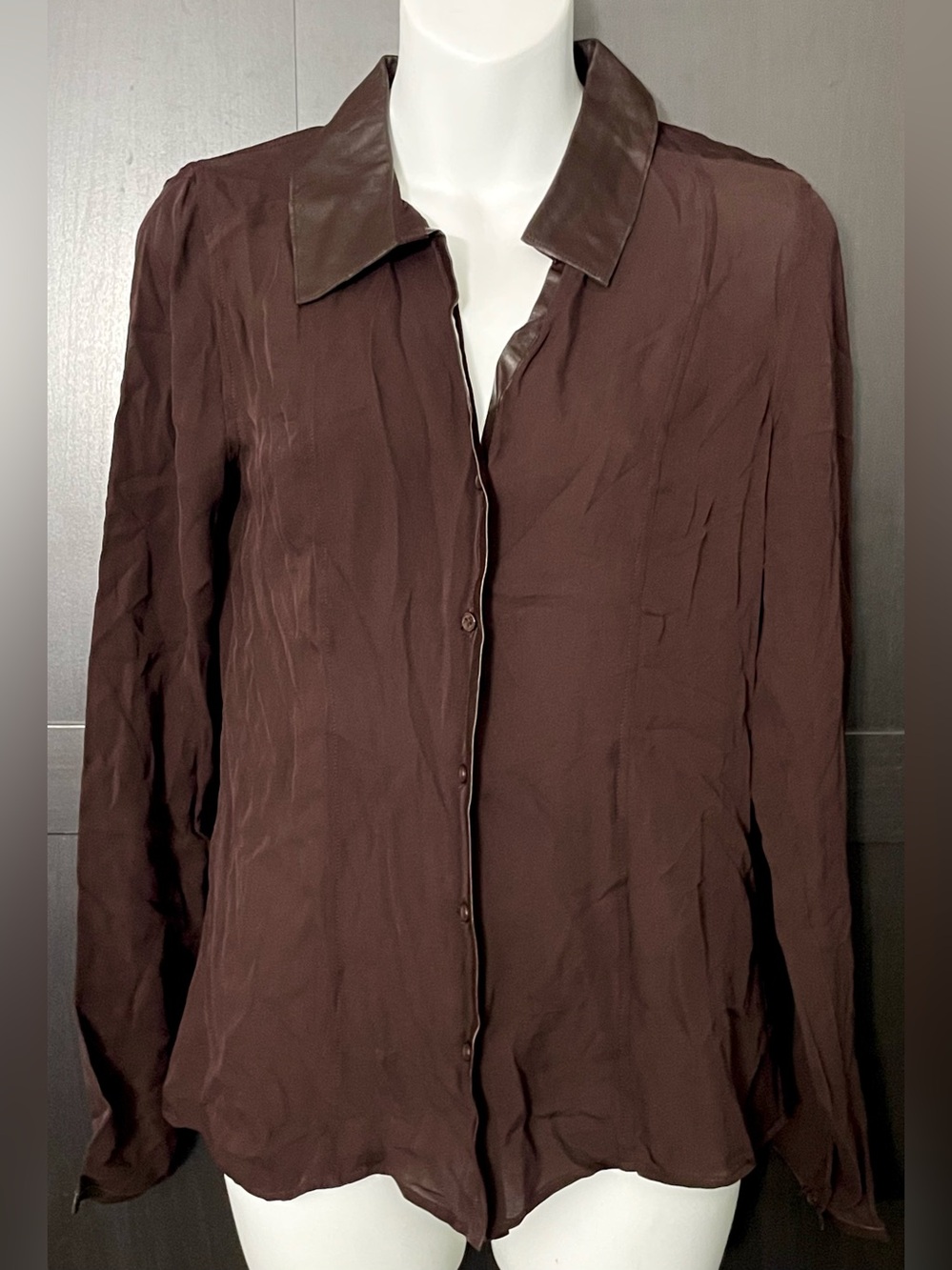 Ecru ~ Women's Chocolate Brown Button-Front Silky Blouse - Faux Leather Collar